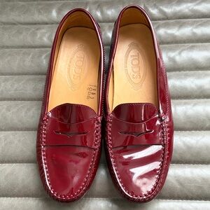 Tod's Women’s Maroon Red Patent Leather Penny Slot Loafers - 8